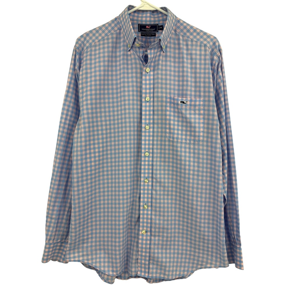 Vineyard Vines Slim Fit Tucker Shirt Mens Medium Blue Pink Gingham Plaid‎ Cotton